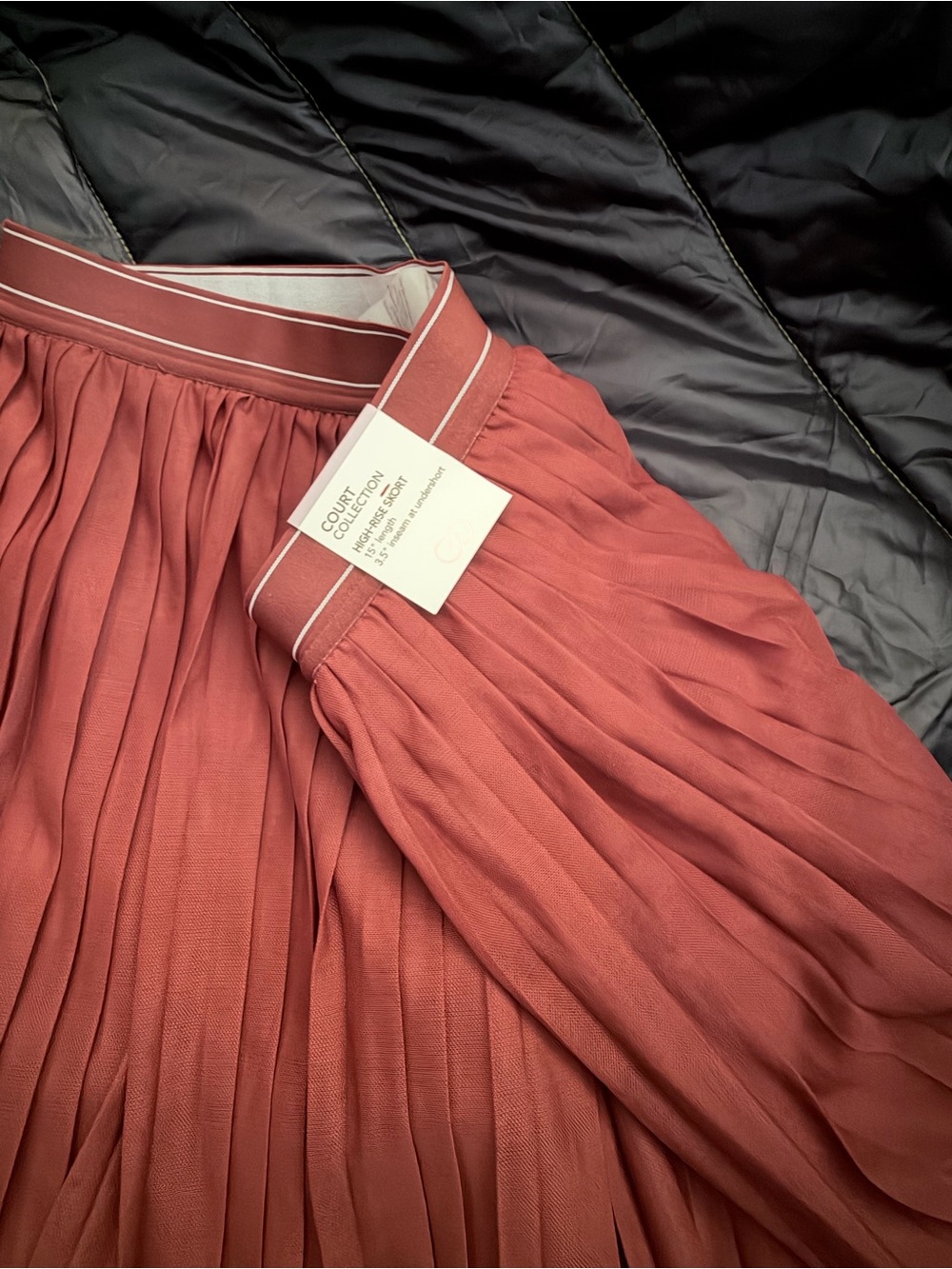 Pleated Midi Skort in Terracotta Red Brown with Contrast Waistband